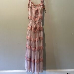 Herringstones Boutique long dress, muted pink and white striped with pockets